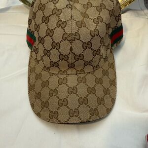 Gucci Tan Monogram Cap with Green and Red Stripes